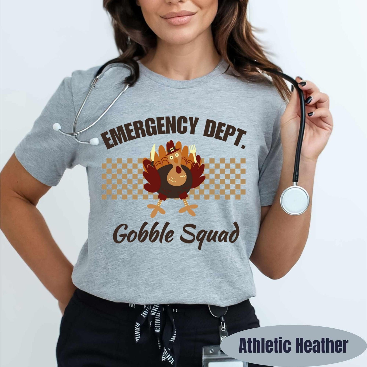Emergency Department team Thanksgiving t-shirt with cute turkey graphic and retro design.