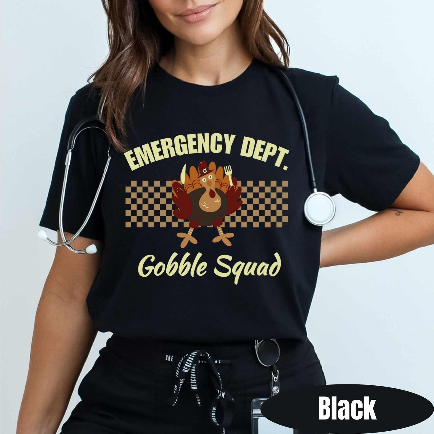 Emergency Department Gobble Squad Thanksgiving t-shirt with cute turkey and checkerboard design.