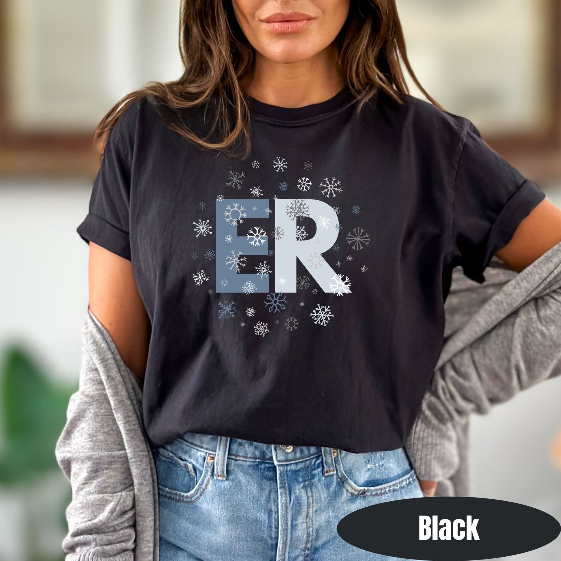 ER snowflake graphic tee for ER Department nurse and staff. 