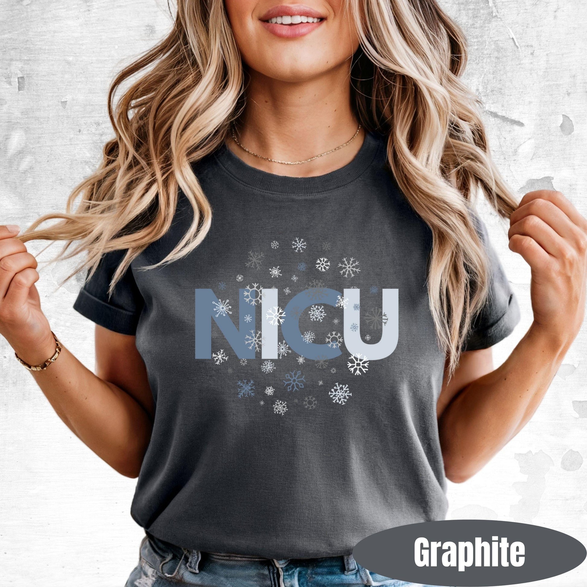 Shirt with NICU snowflake graphic — Christmas NICU team shirt for nurses and staff