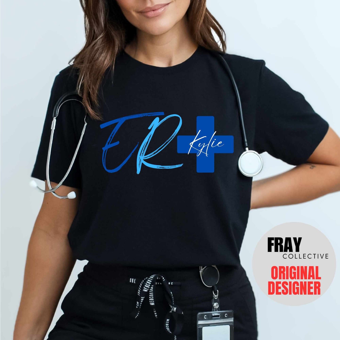 Personalized ER nurse/tech shirt—navy tee with modern ER lettering and blue cross showing custom name and credentials; great for emergency department teams.
