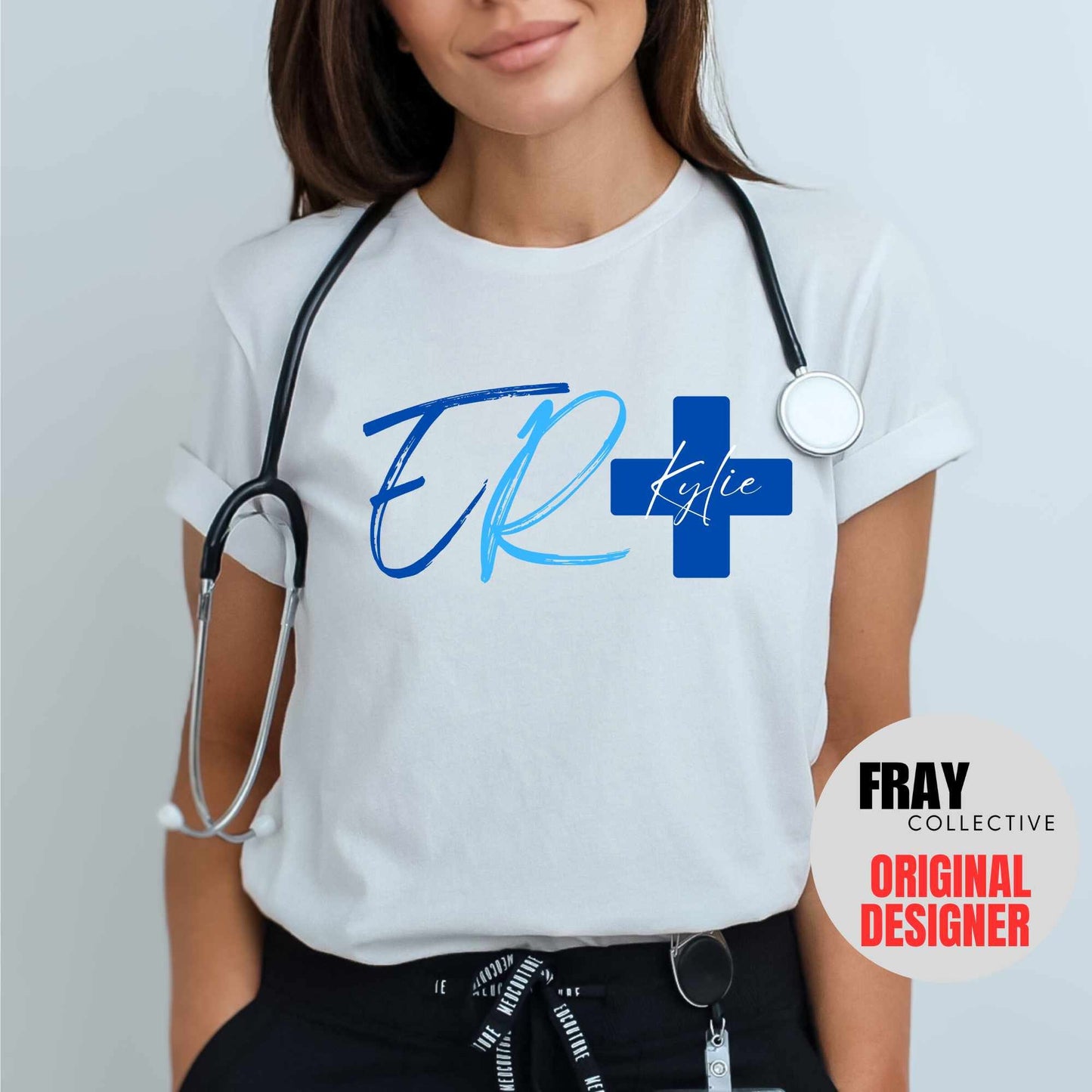 Personalized ER nurse/tech shirt—navy tee with modern ER lettering and blue cross showing custom name and credentials; great for emergency department teams.