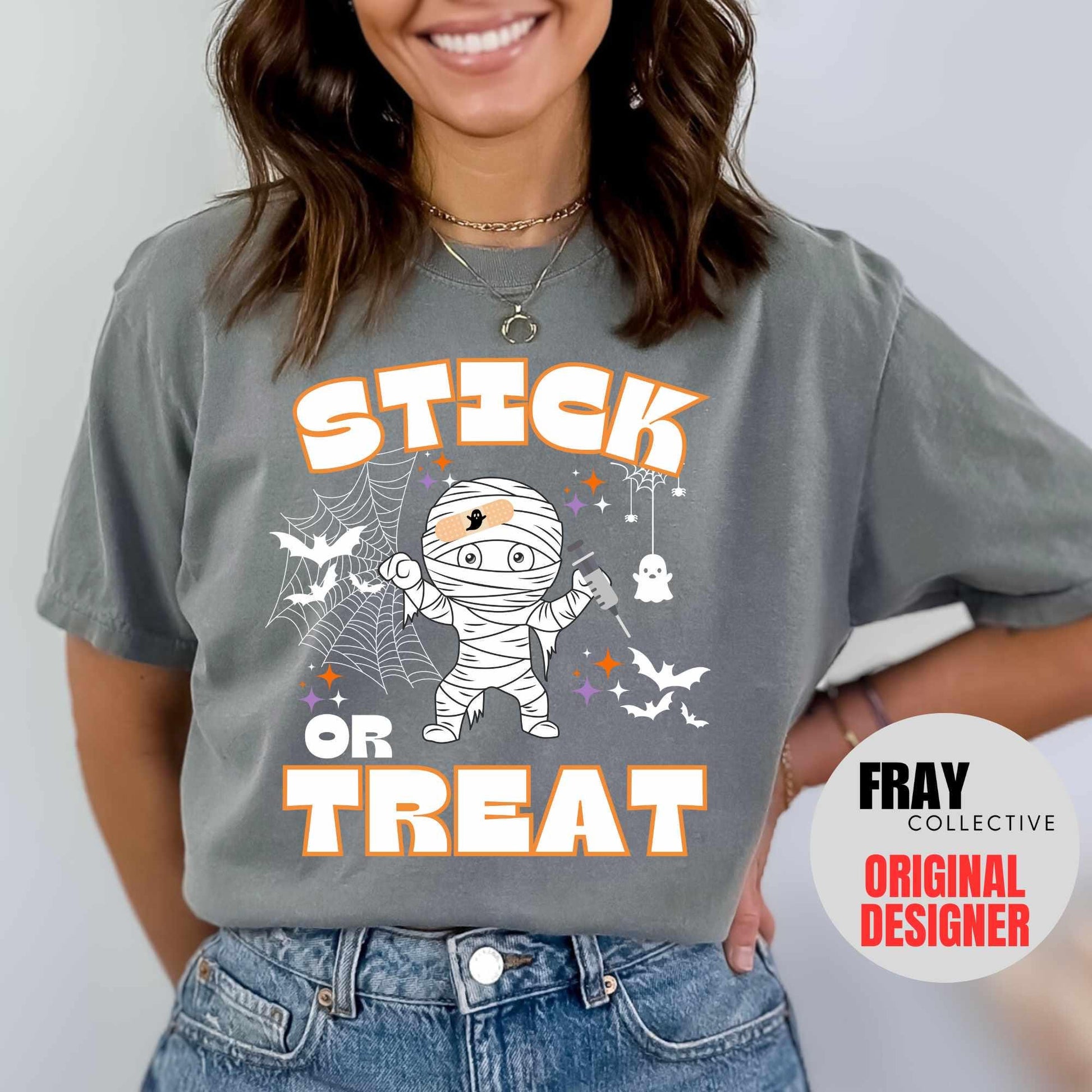 Comfort Colors Stick Or Treat Shirt Nurse Halloween T-Shirt Spooky Ghost RN Tee Phlebotomy Tech Halloween Nurse Party Team Spooky Season ER