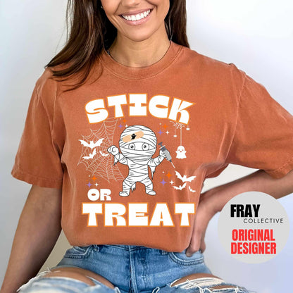 Comfort Colors Stick Or Treat Shirt Nurse Halloween T-Shirt Spooky Ghost RN Tee Phlebotomy Tech Halloween Nurse Party Team Spooky Season ER