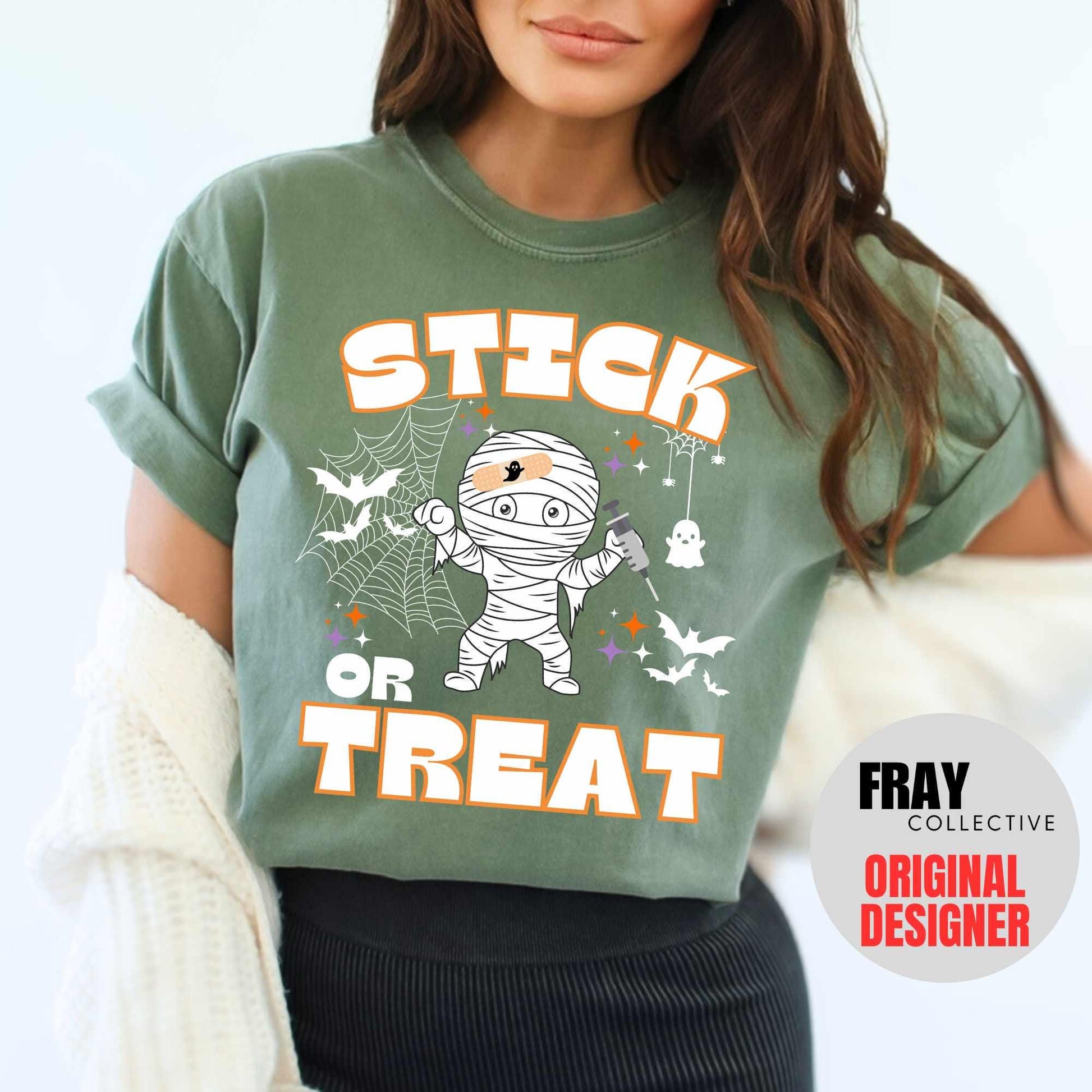 Comfort Colors Stick Or Treat Shirt Nurse Halloween T-Shirt Spooky Ghost RN Tee Phlebotomy Tech Halloween Nurse Party Team Spooky Season ER