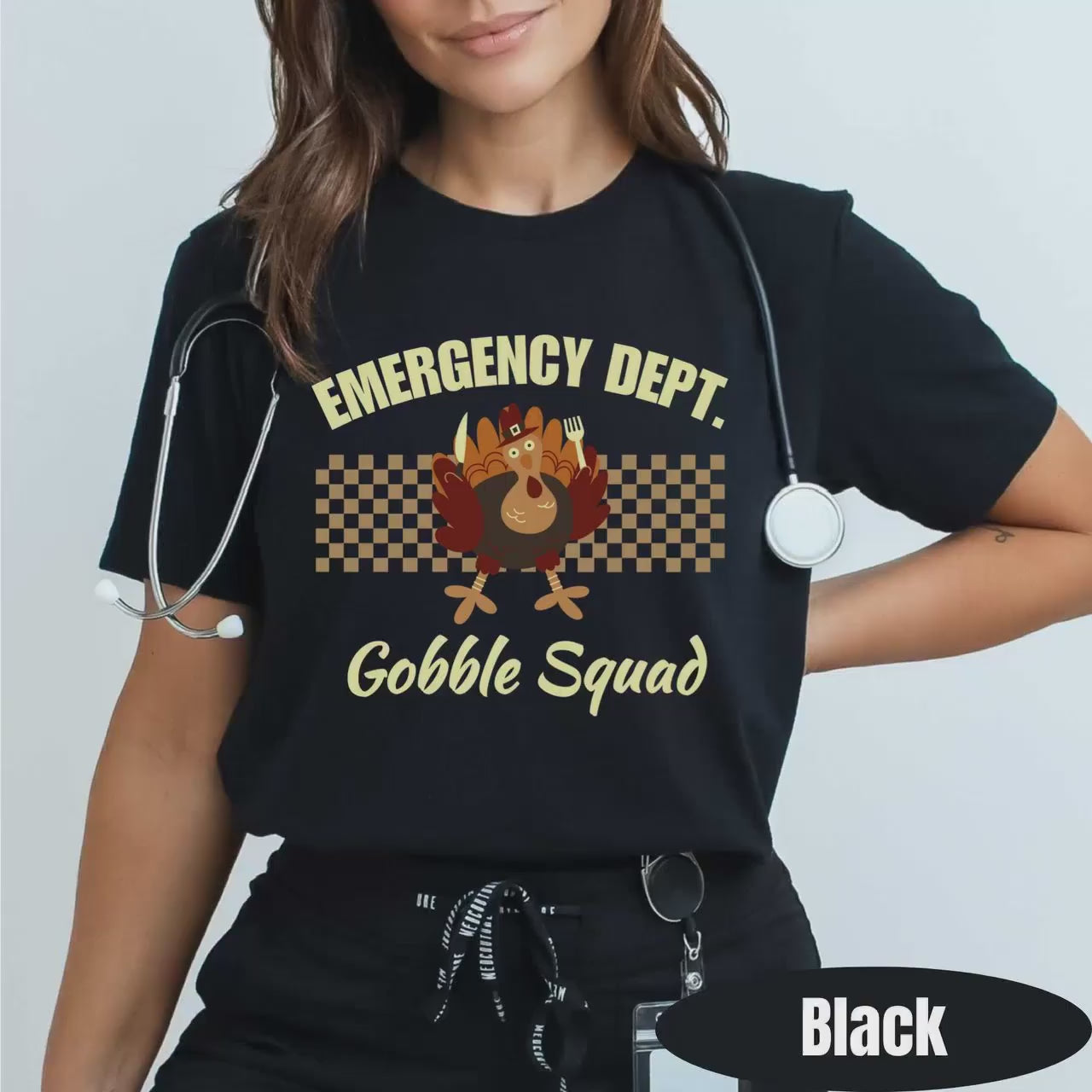 Emergency Department Gobble Squad Thanksgiving t-shirt with cute turkey and checkerboard design.