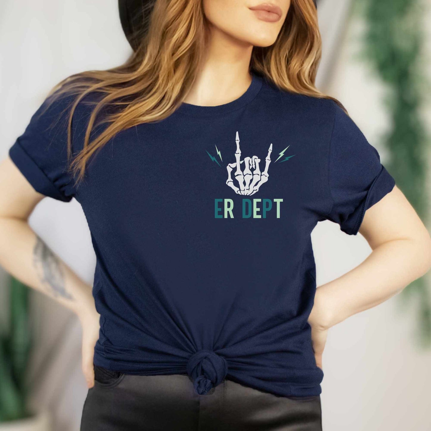 ER DEPT t-shirt with white skeleton hand and green text, minimalist chest print.
