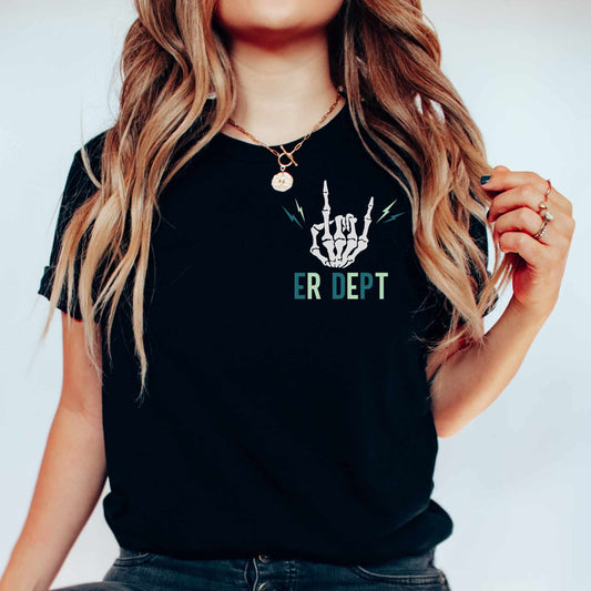 ER DEPT t-shirt with white skeleton hand and green text, minimalist chest print.